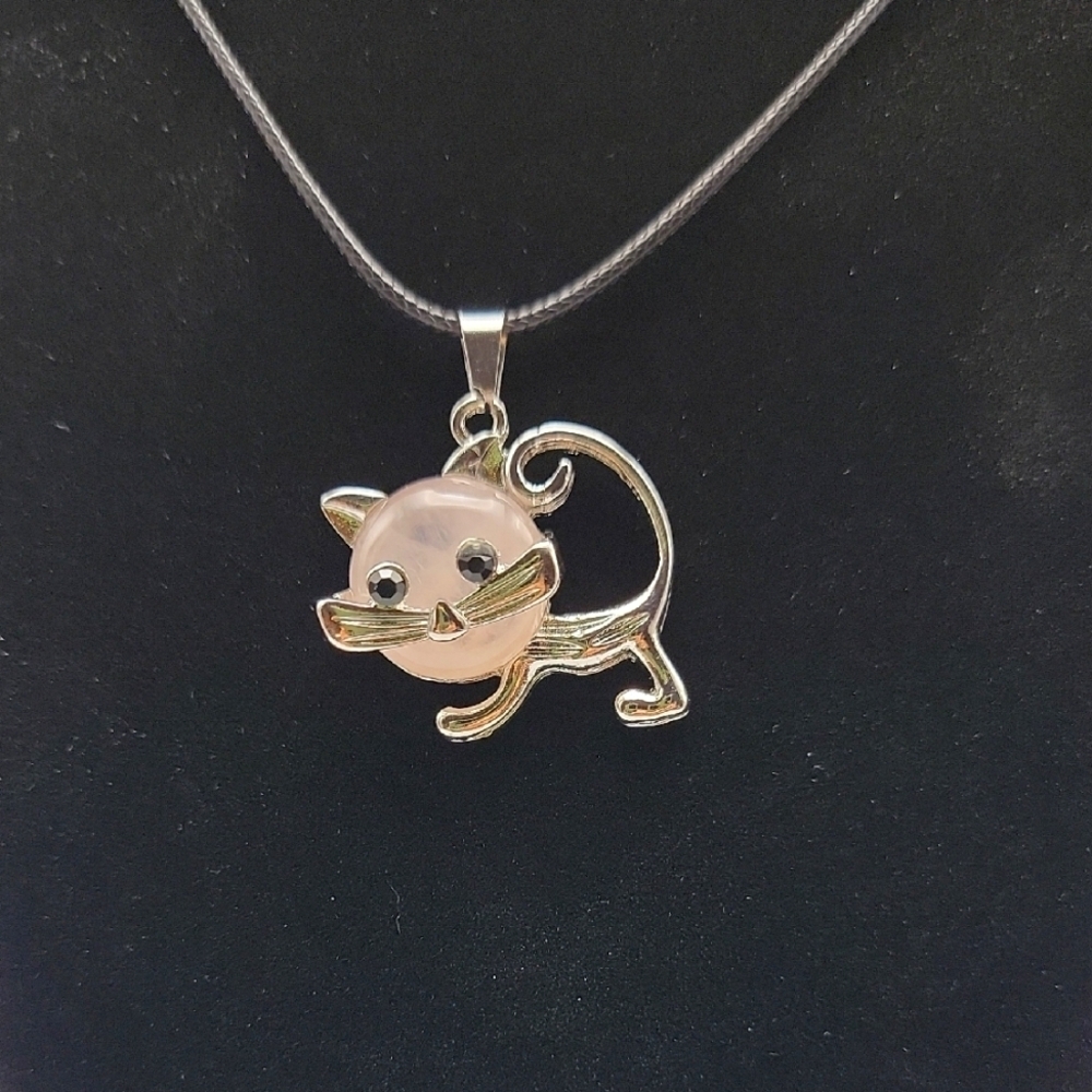 Natural Rose Quartz Cat For Jewelry making Necklace Pendant 17.5"